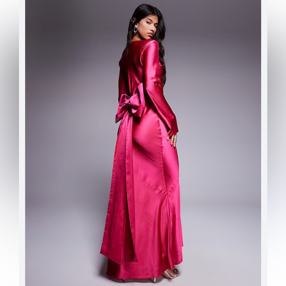 DASKA satin maxi dress gown exaggerated bow back fuchsia Pink ASOS Lyst NWT NEW